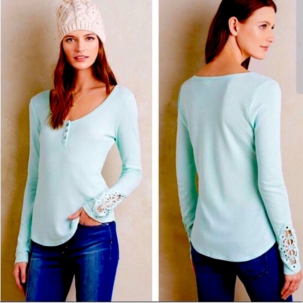 Anthropologie ELOISE mint green waffle Henley top S NEW